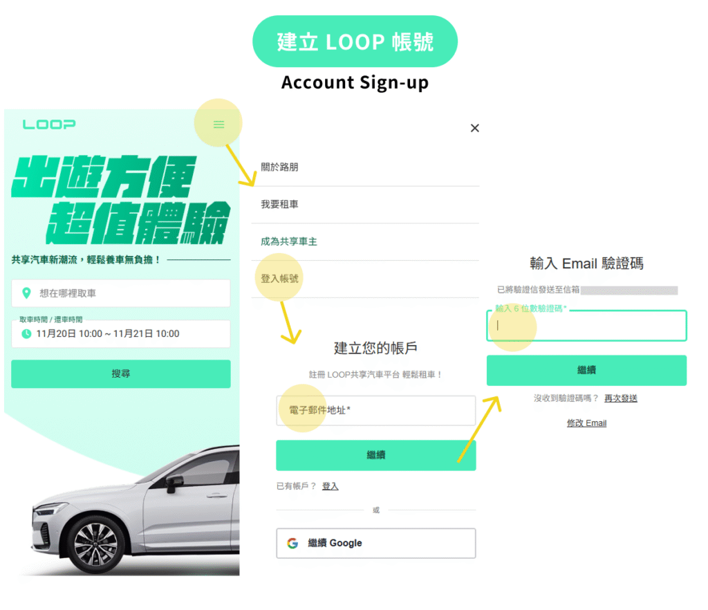 建立LOOP帳號，須至LOOP首頁點擊右上角選單 > 登入帳號 > 輸入欲建立的電子郵件帳號 > 繼續 > 信箱收取驗證碼輸入後即註冊完成！